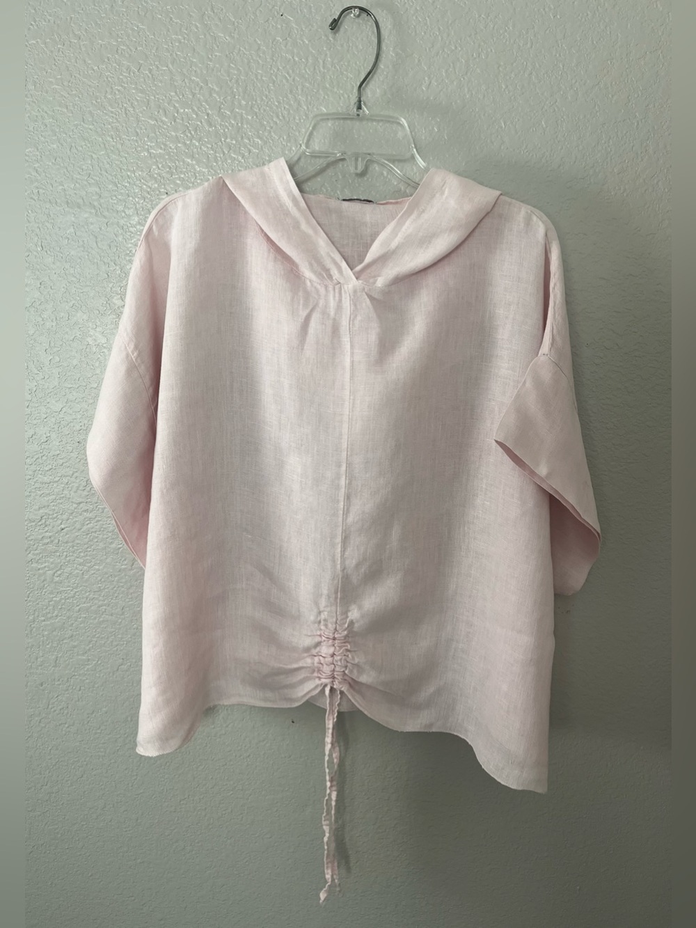 SUZY D LONDON Soft Pink Linen Drawstring Crop Top with Hooded Neck Sz M TC0565